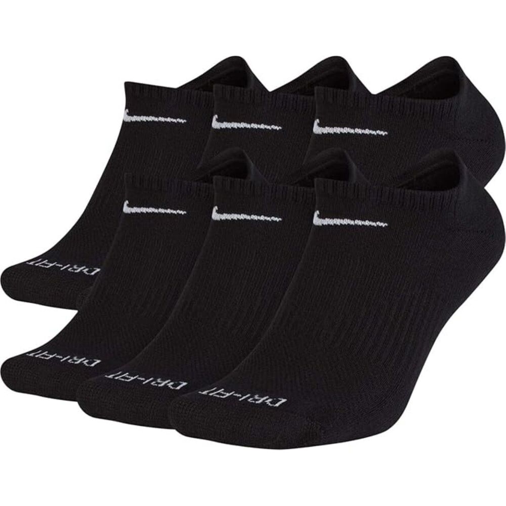 Nike Dri-FIT Everyday Plus Max Cushion No-Show Socks 6-Pack Black Large New